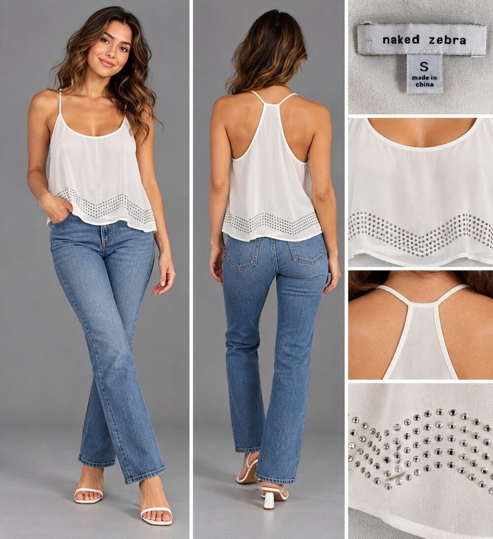 Naked Zebra Womens S White Chiffon Tank Top Silver Studded Racerback Cropped